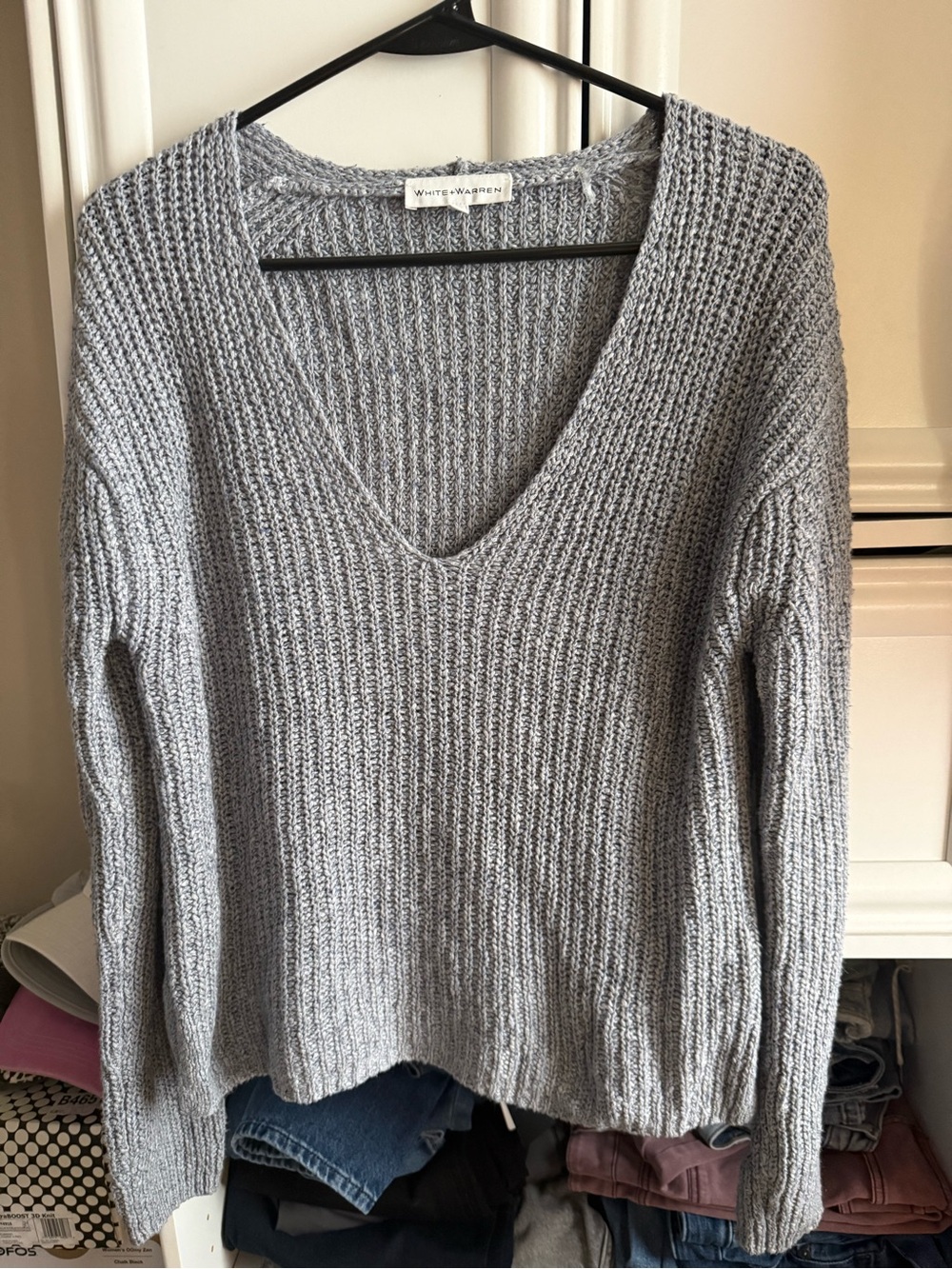 White + Warren Light Gray V-Neck Ribbed Cotton Knit Sweater